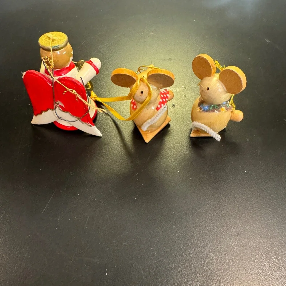 Vintage Christmas Ornaments Set of 3 Multicolor Wood Angel Mice Folk Art